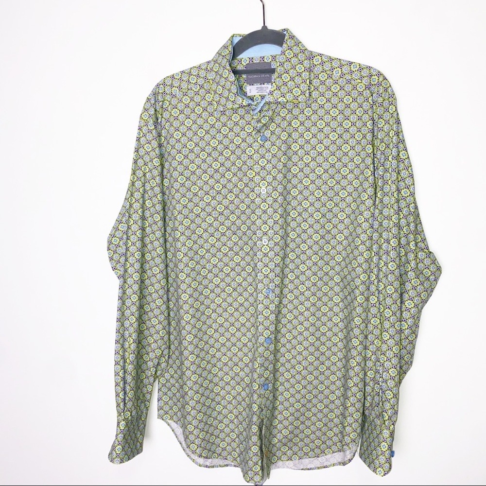 Thomas Dean Geometric Print Button Front Dress Shirt Size Medium